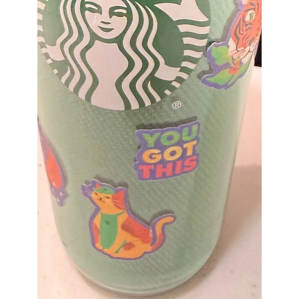 Starbucks Green Apron Reusable Cold Cup 24 oz You Got This Tiger Cat Tumbler